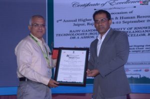 RGUKT, Basar receiving National Excellence Award for being the the first university to adopt Block chain technology for authenticating certificates issued by it at HE & HE Concalve in Jaipur, Rajasthan.